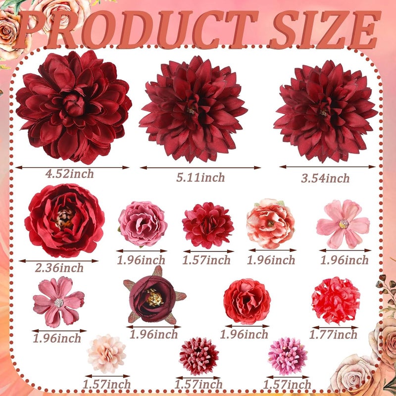 BBTO 21 Pcs Flower Hair Clip Rose Hair Clips Barrettes for Women Flower Accessories Boho Bride Claw Clip Hairpin Brooch Pin Headpiece for Wedding(Red Series) - Image 3